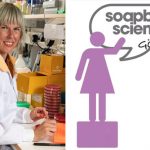Astrid von Mentzer i labbrock i labbet och Soapbox Sceinces logotyp